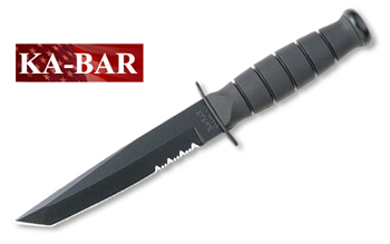 Short Kabar Black Tanto Knife - Serrated - Leather Sheath - Ka-bar